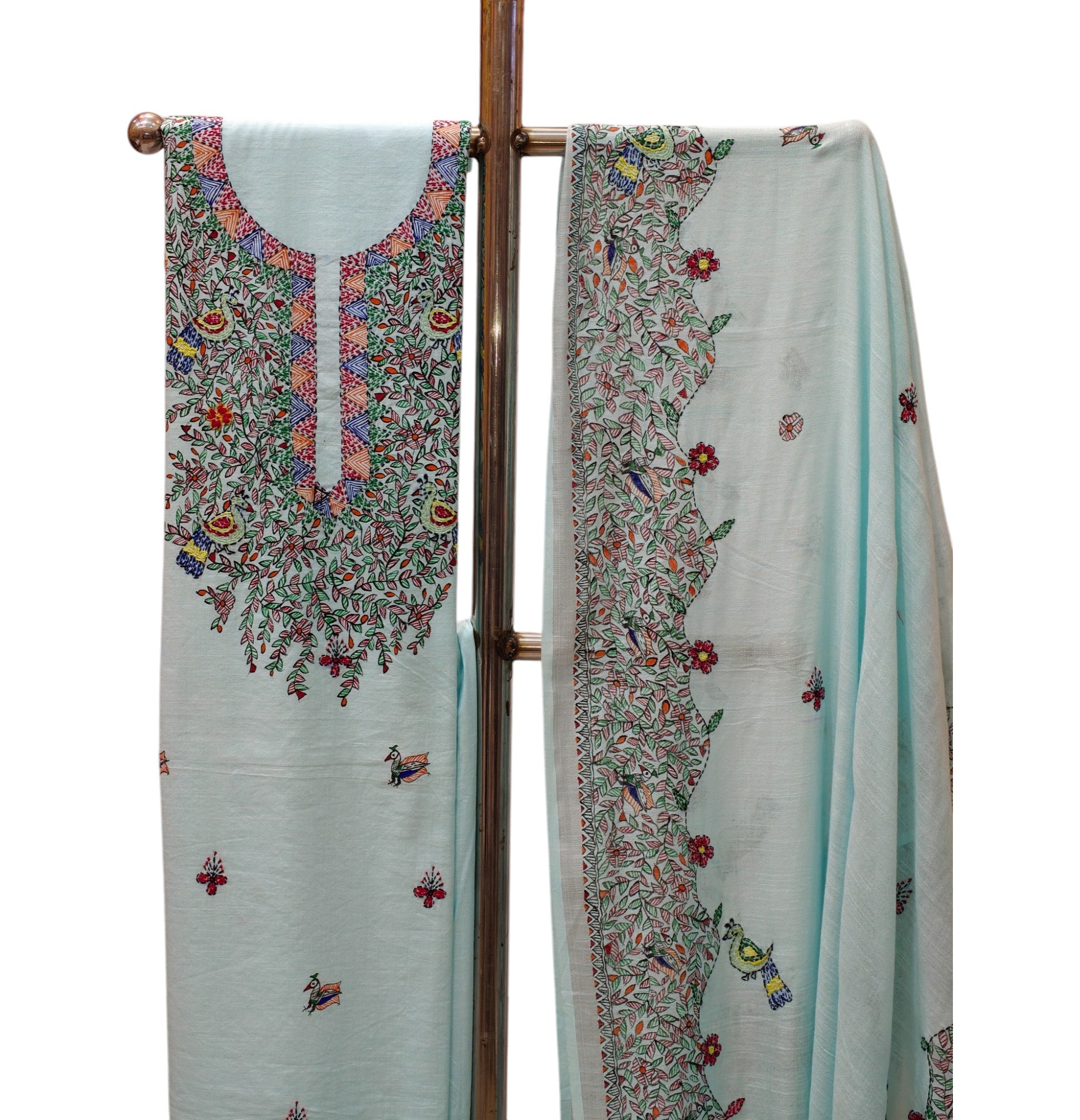 Hand painted Madhubani with Sujani Unstitched Suit Set on Cotton in Light Turquoise